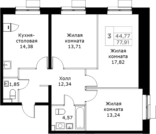 3-комн., 77.91 м², 15/25 этаж, ЖК «КИТ»