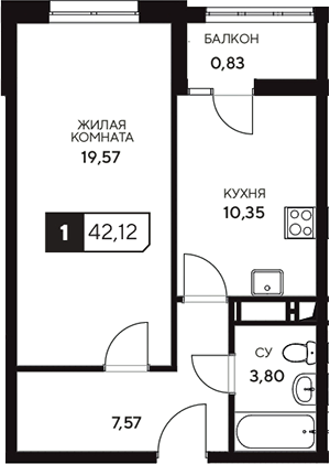 1-комн., 41.29 м², 15/20 этаж, ЖК «Центральный. Гамма»