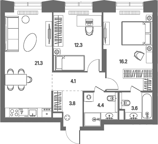 3-комн., 65.7 м², 2/39 этаж, ЖК «КОД Сокольники»