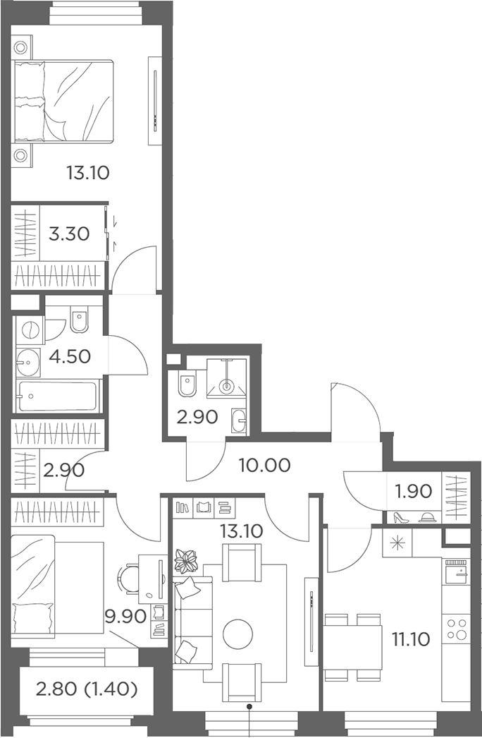 3-комн., 75.8 м², 2/20 этаж, ЖК «Белый Град»