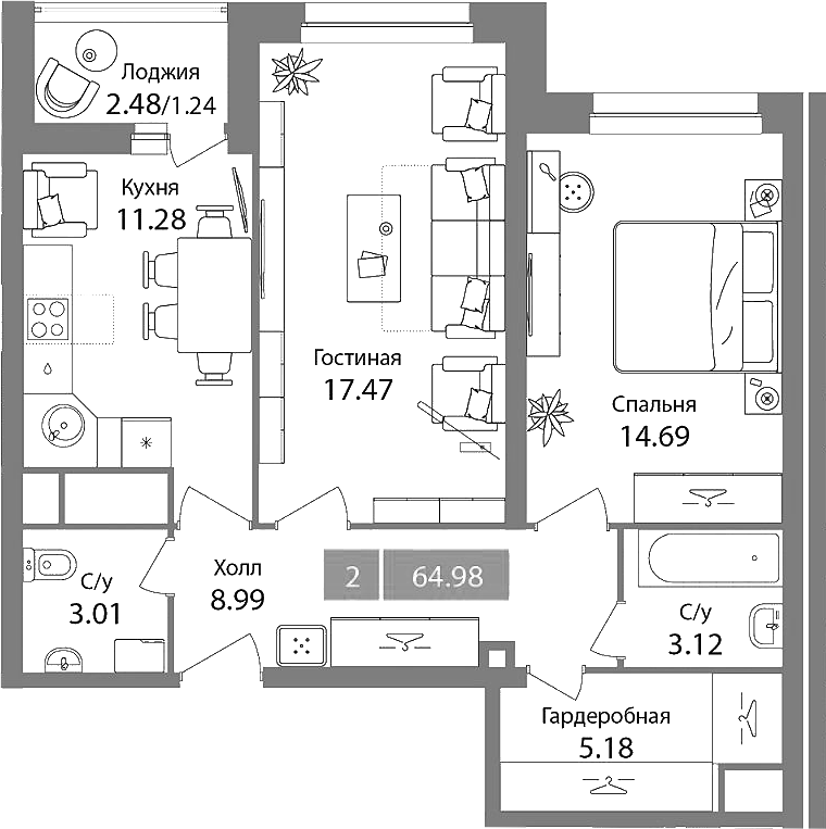 2-комн., 63.74 м², 1/17 этаж, ЖК «Планерный квартал»