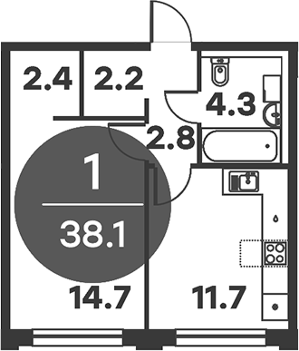 1-комн., 38.1 м², 5/6 этаж, ЖК «Равновесие»