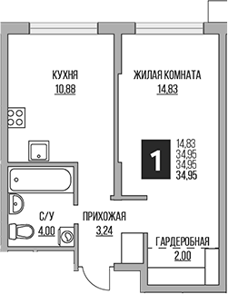 2-комн., 34.95 м², 7/12 этаж, ЖК «Гранель Притяжение Сити»