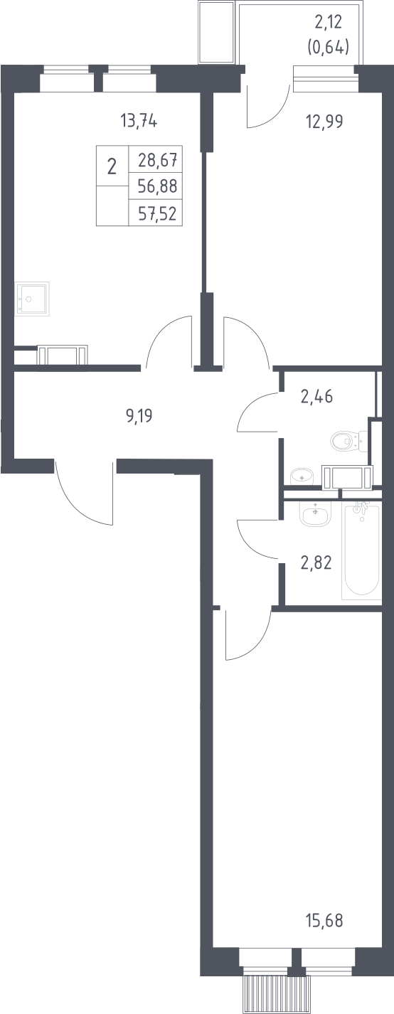 2-комн., 56.88 м², 4/16 этаж, ЖК «Большое Путилково»