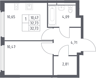 1-комн., 32.73 м², 16/17 этаж, ЖК «Космический Квартал»