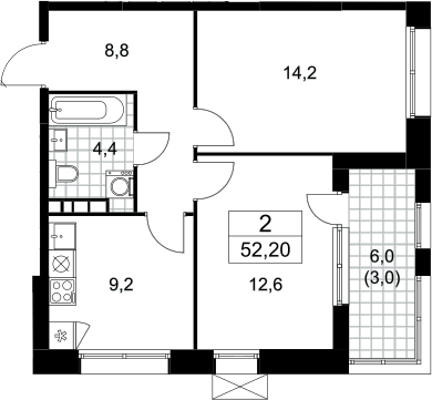 2-комн., 49.2 м², 14/21 этаж, ЖК «Бунинские кварталы»