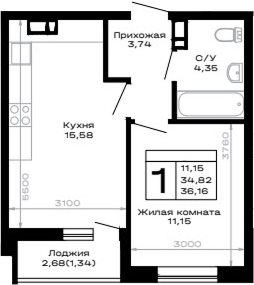 1-комн., 34.82 м², 8/16 этаж, ЖК «Горные высоты»