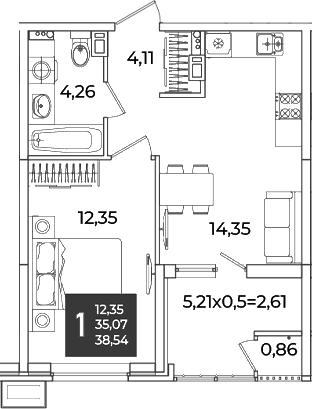 1-комн., 35.07 м², 10/18 этаж, ЖК «Образцово»