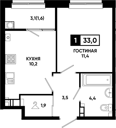 1-комн., 31.4 м², 6/14 этаж, ЖК «Резиденция Софи»