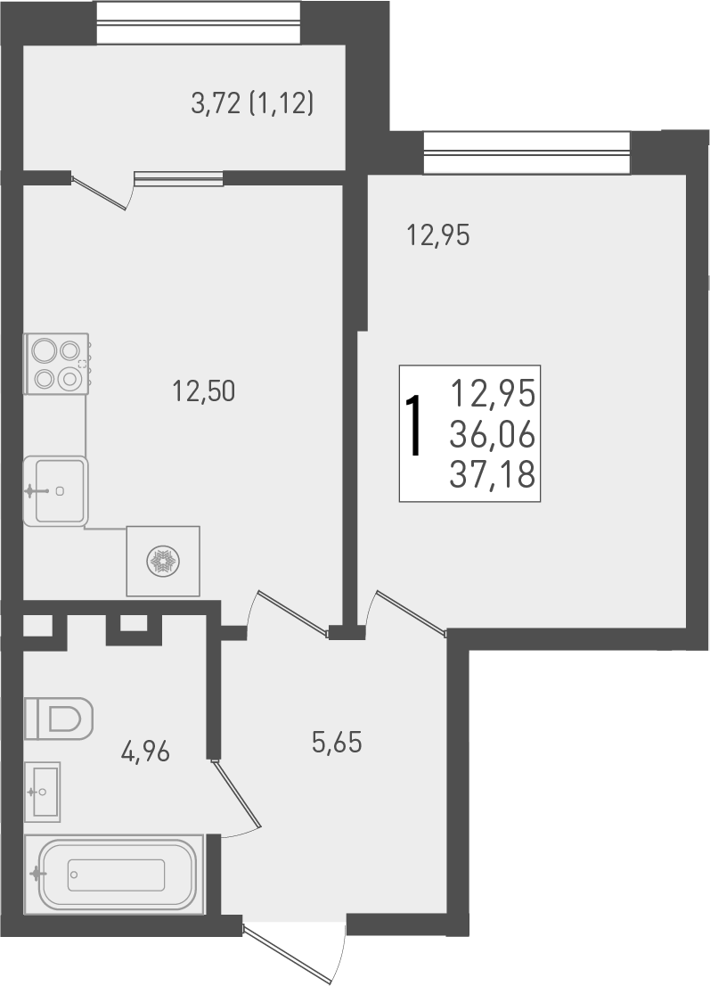 1-комн. квартира, 36.06 м² в ЖК Югге — фото 2