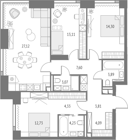 4+ комнаты, 98.28 м², 26/46 этаж, ЖК «Апсайд Тауэрс»