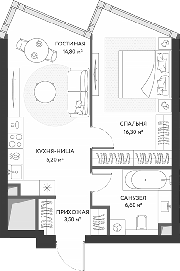 2-комн., 46.4 м², 11/34 этаж, ЖК «ХАЙДАУТ»