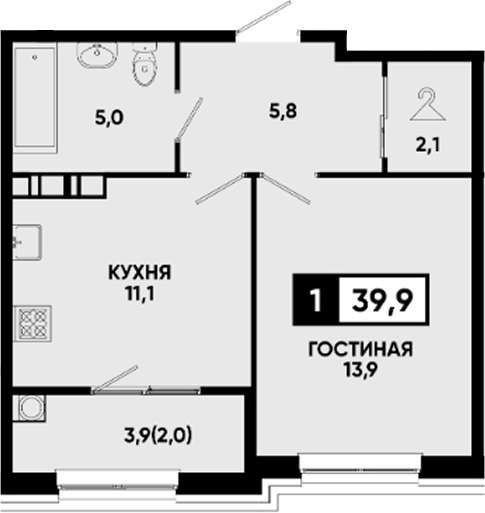 1-комн., 37.9 м², 3/12 этаж, ЖК «Квартал на курорте Моя Легенда»