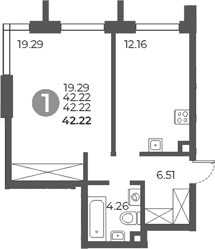 1-комн., 42.22 м², 14/28 этаж, ЖК «Дубровка от Гранель»