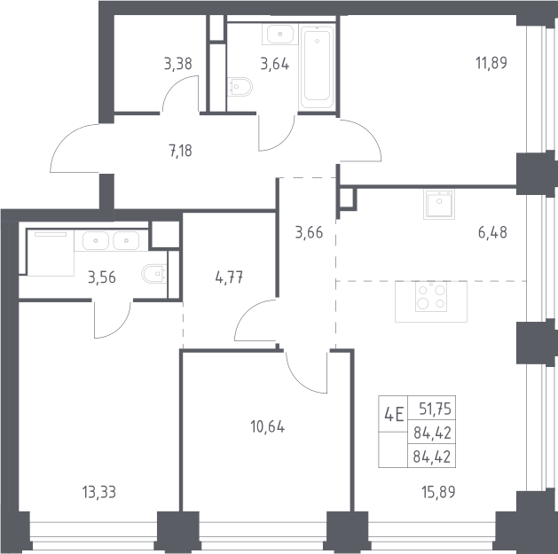 4+ комнаты, 84.42 м², 14/40 этаж, ЖК «НОВА»