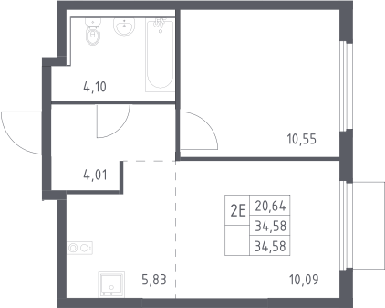 2-комн., 34.58 м², 10/17 этаж, ЖК «Пригород Лесное»