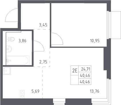 2-комн., 40.46 м², 15/17 этаж, ЖК «Пригород Лесное»