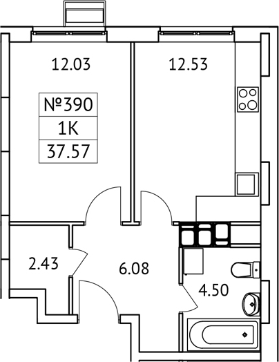 1-комн., 37.57 м², 16/17 этаж, ЖК «Новотомилино»