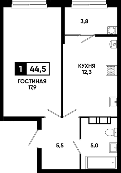 1-комн., 40.7 м², 9/16 этаж, ЖК «Кварталы 17/77»