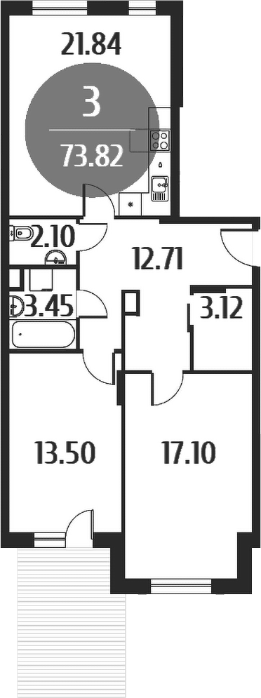 3-комн., 73.8 м², 1/4 этаж, ЖК «Равновесие»