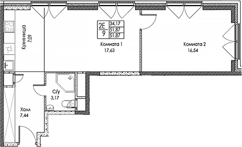 2-комн., 51.87 м², 12/20 этаж, ЖК «ЭВОПАРК Сокольники»