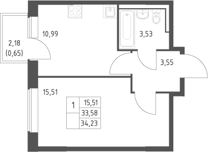 1-комн., 33.58 м², 10/12 этаж, ЖК «Большое Юрлово»