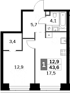 1-комн., 43.6 м², 7/47 этаж, ЖК «Амбер Сити»