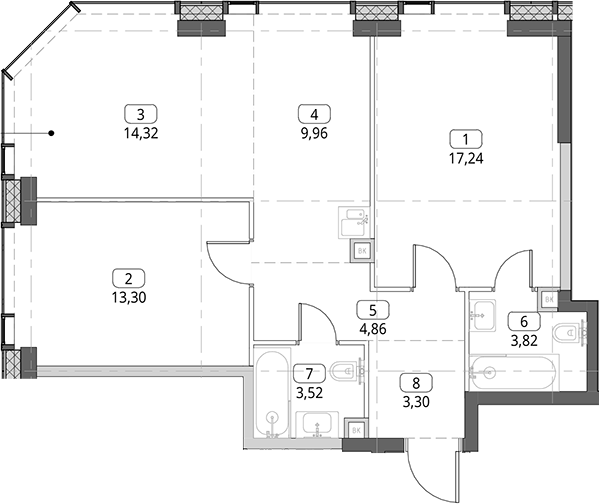 3-комн., 70.32 м², 33/56 этаж, ЖК «СИТИДЗЕН»