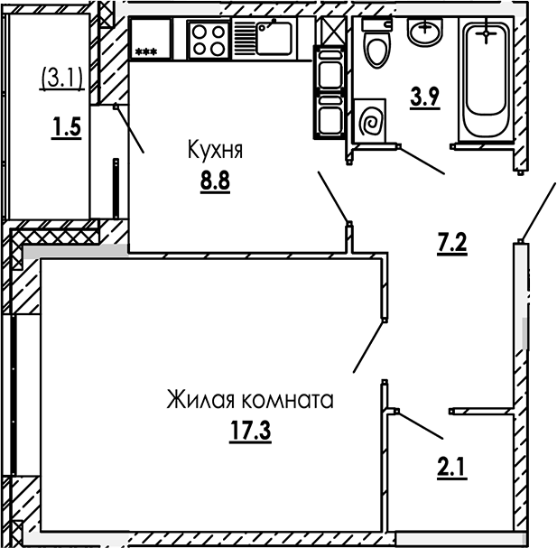 1-комн., 39.3 м², 6/12 этаж, ЖК «Малиново»