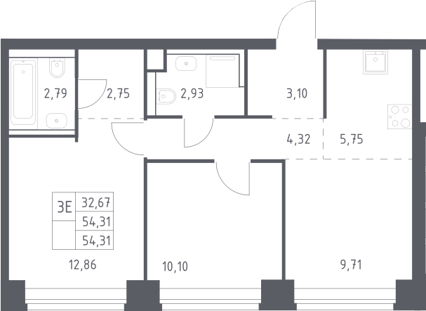 3-комн., 54.31 м², 21/40 этаж, ЖК «НОВА»