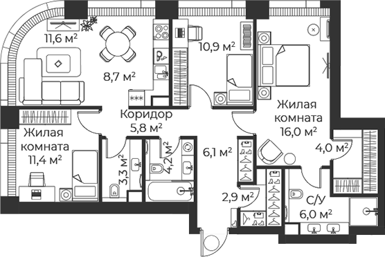 4+ комнаты, 90.9 м², 2/38 этаж, ЖК «Веер»