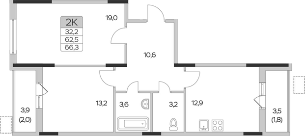 2-комн., 62.5 м², 4/9 этаж, ЖК «Пироговская ривьера. Мытищи»