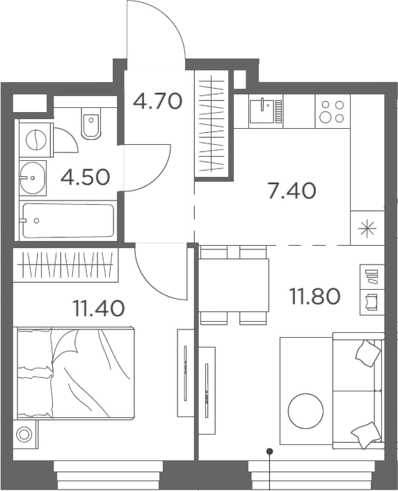 2-комн., 39.8 м², 2/23 этаж, ЖК «Белый Град»