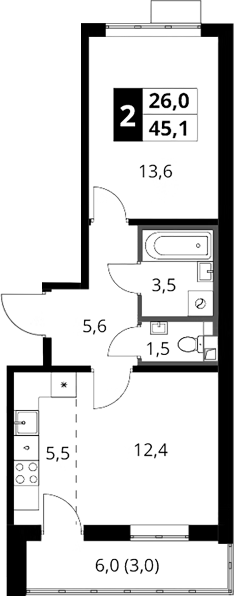 2-комн., 42.1 м², 6/16 этаж, ЖК «1-й Шереметьевский»