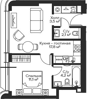 2-комн., 38.7 м², 43/54 этаж, ЖК «Сити Бэй»