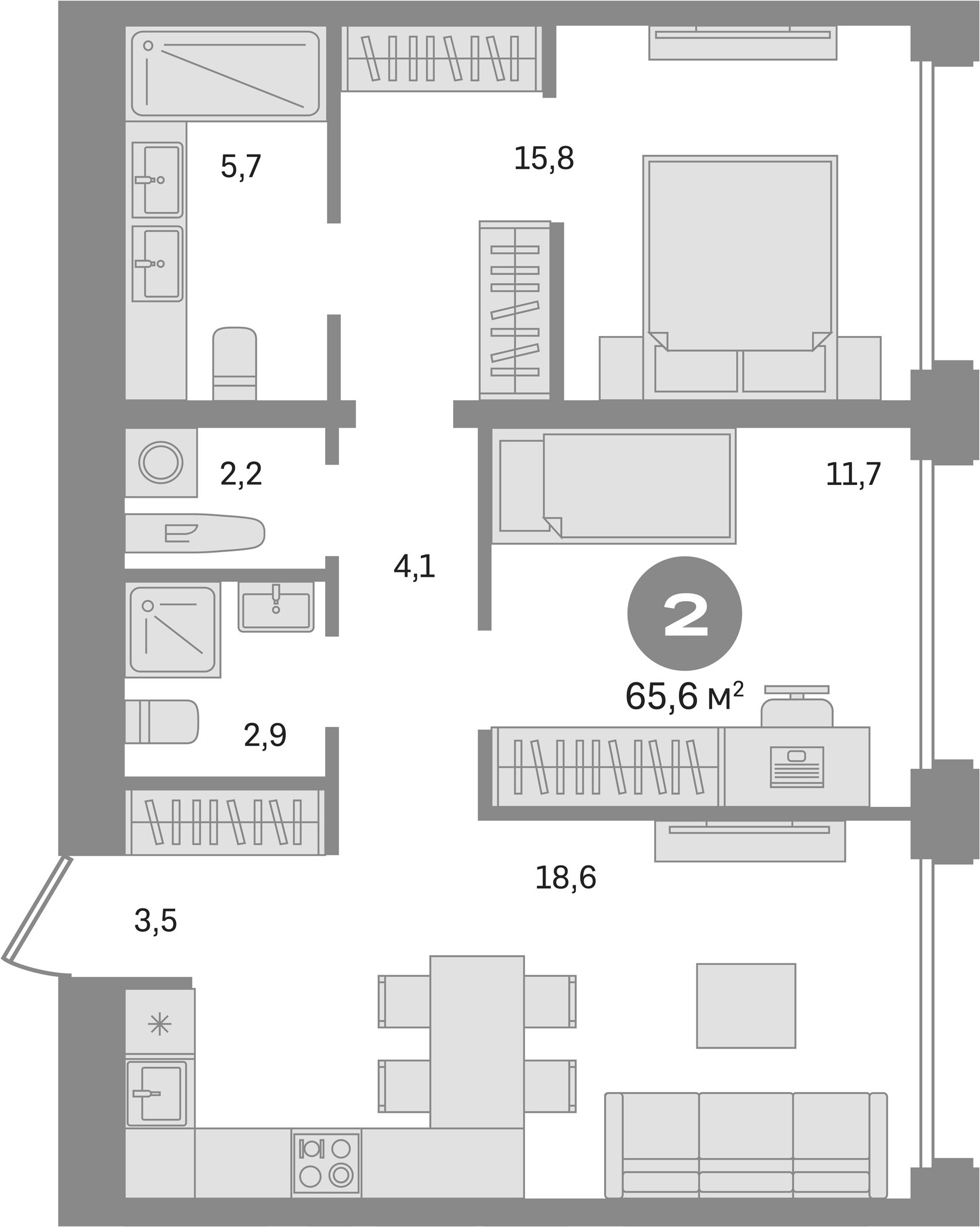2-комн., 65.6 м², 2/7 этаж, ЖК «Дом А»