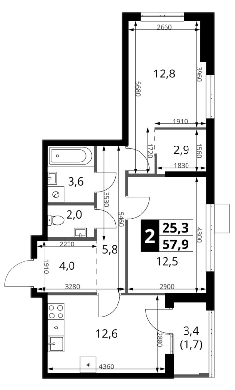 2-комн., 56.2 м², 11/18 этаж, ЖК «1-й Ясеневский»