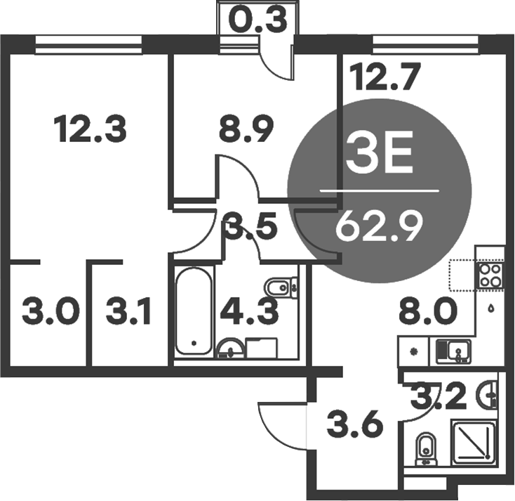 3-комн., 62.6 м², 5/6 этаж, ЖК «Равновесие»