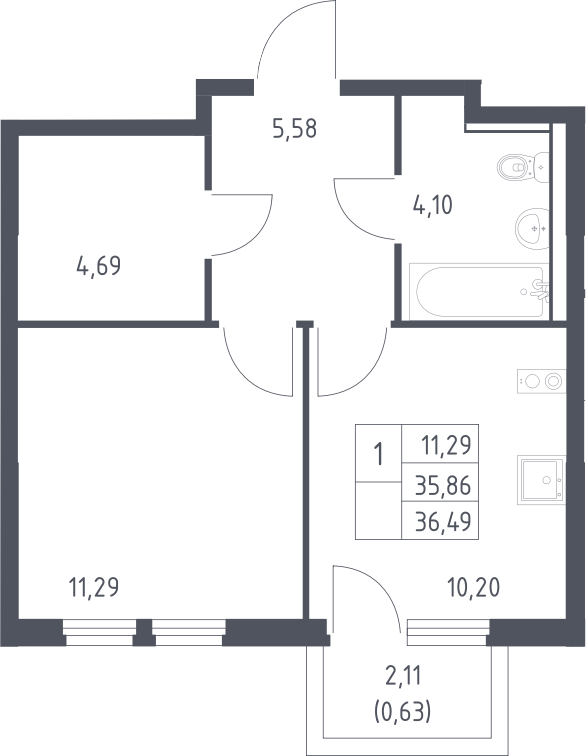 1-комн., 35.86 м², 12/15 этаж, ЖК «Пригород Лесное»