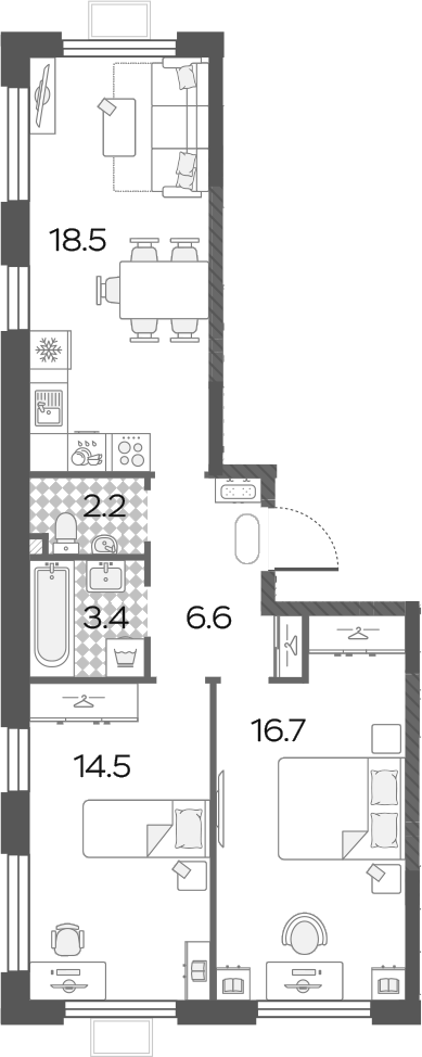 3-комн., 61.9 м², 16/20 этаж, ЖК «Лучи»