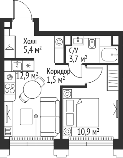 2-комн., 34.4 м², 18/45 этаж, ЖК «СЕТ»