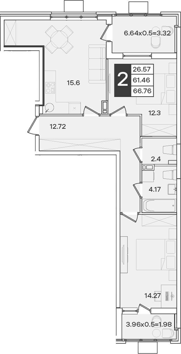 2-комн., 61.46 м², 5/18 этаж, ЖК «Сюжеты»
