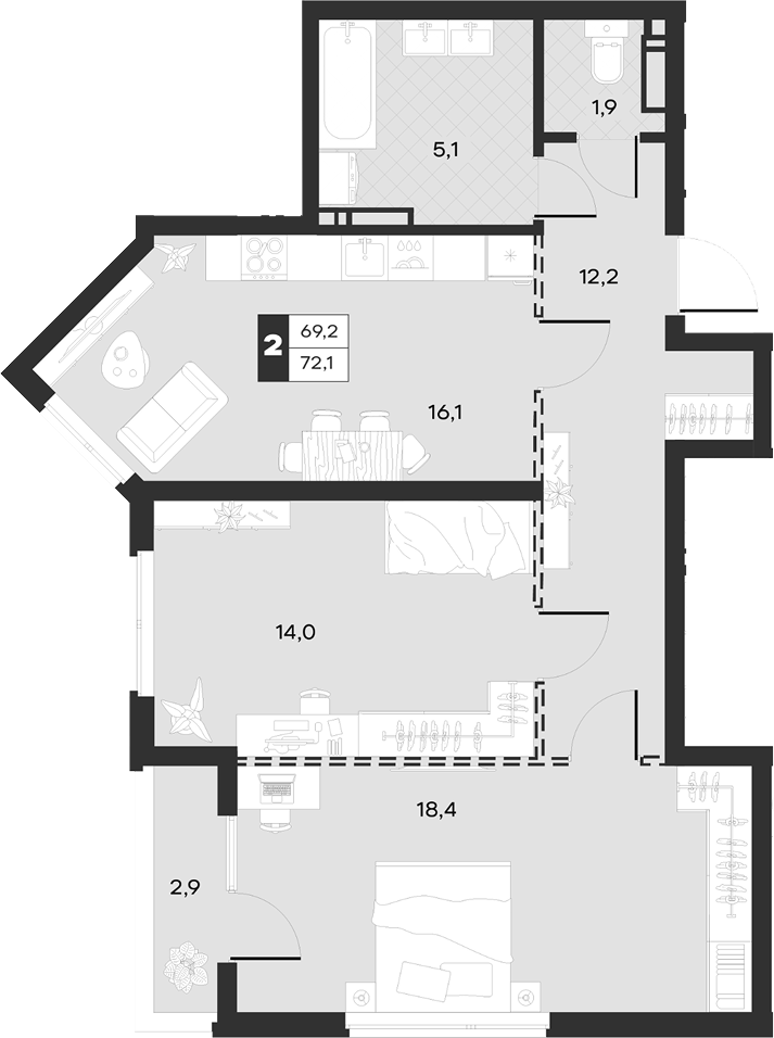 2-комн., 67.66 м², 9/20 этаж, ЖК «Луиджи»
