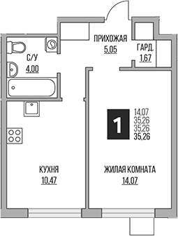2-комн., 35.26 м², 12/12 этаж, ЖК «Гранель Притяжение Сити»