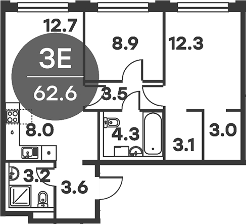 3-комн., 62.6 м², 5/6 этаж, ЖК «Равновесие»