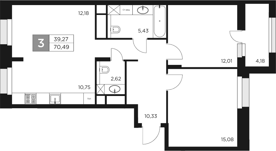 3-комн., 68.4 м², 7/17 этаж, ЖК «Восток 2»