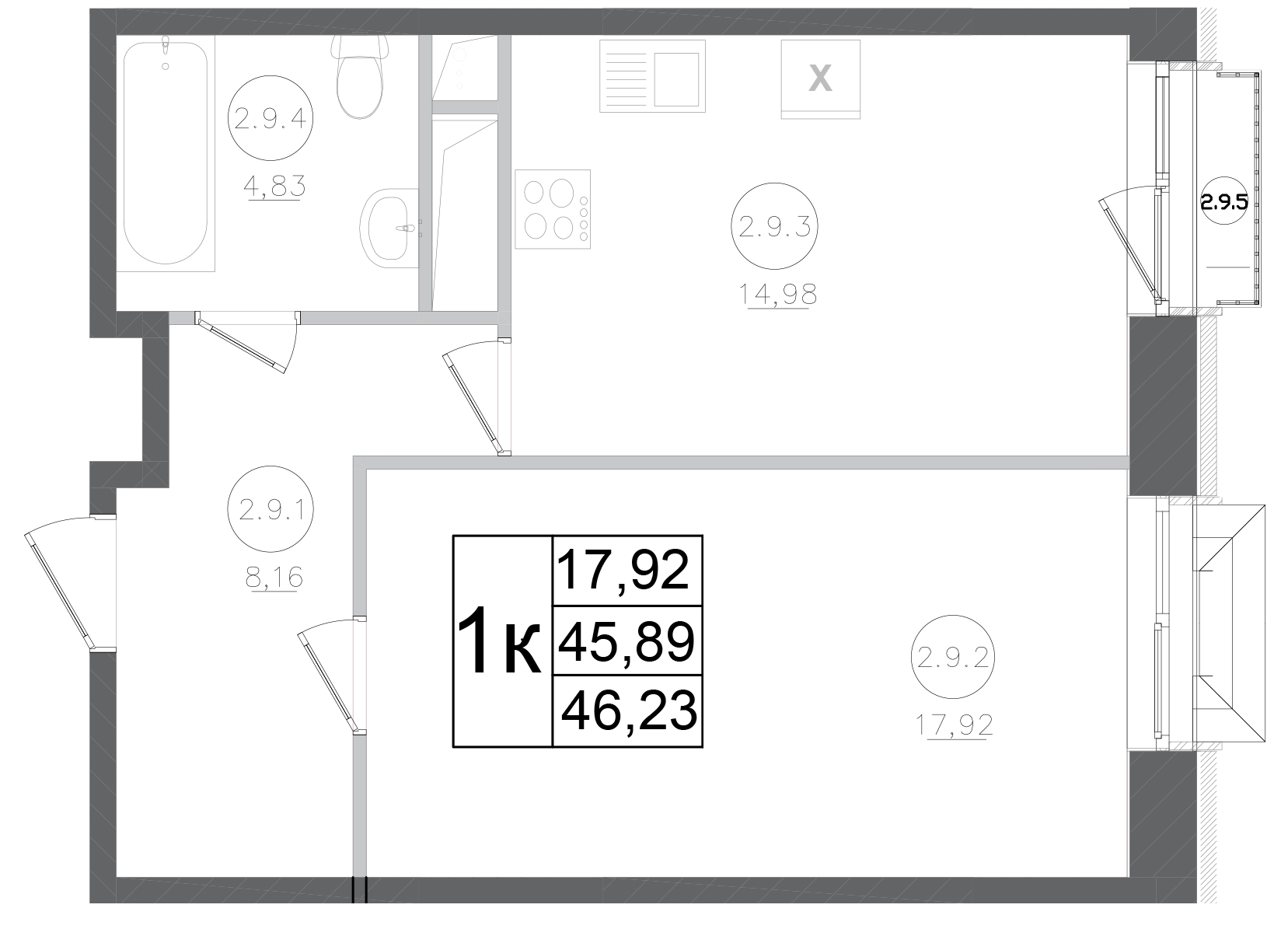 1-комн., 45.89 м², 3/17 этаж, ЖК «Авиатор-2»