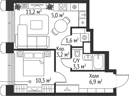 2-комн., 41.5 м², 9/45 этаж, ЖК «СЕТ»