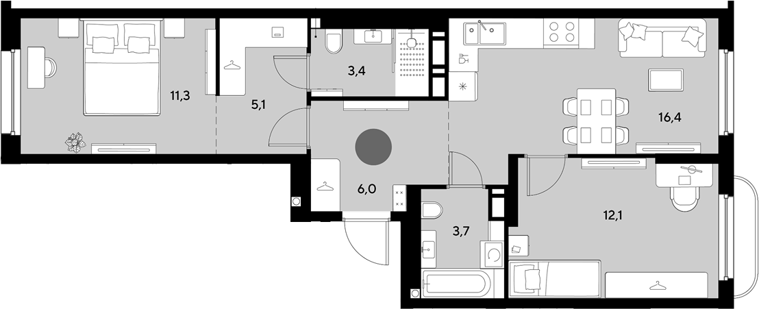 3-комн., 58 м², 8/9 этаж, ЖК «Грейд»