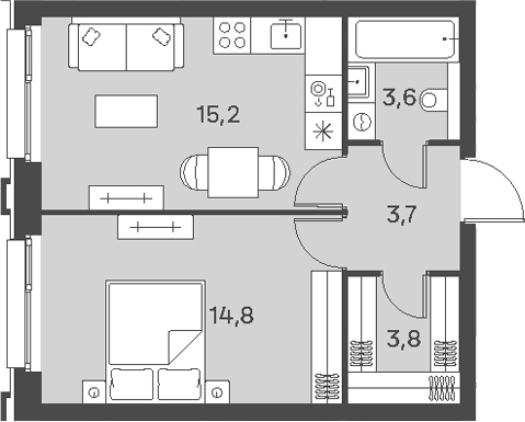 2-комн., 41.1 м², 20/21 этаж, ЖК «Портленд»